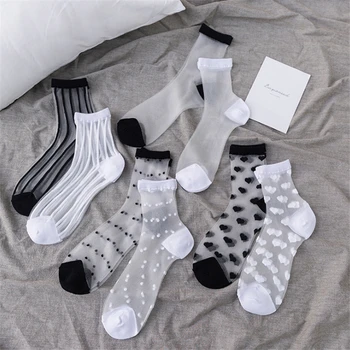 Сексуальные Прозрачные женские носки с кружевной сеткой, летняя мода, японский милый эластичный шелковый носок для дам, Черно-белые носки, Новинка