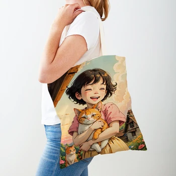 Сказочный мир, прекрасный подарок для ребенка, повседневная сумка для покупок, милая мультяшная девочка и кошка, холщовая сумка с двойным принтом, сумки для покупок