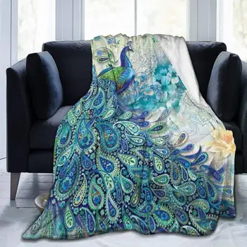 Фланелевое одеяло с павлином и винтажными растительными элементами, ультра Мягкое уютное теплое легкое одеяло из микрофлиса для подарков для дома