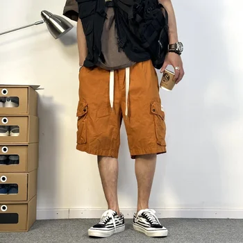 Хлопковые рабочие шорты Карго Мужские Спортивные Повседневные брюки средней длины с несколькими карманами на резинке на талии