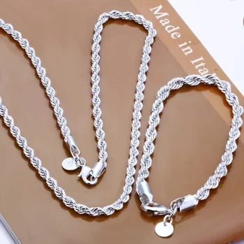 высококачественное серебро 925 пробы, 4 мм женская мужская цепочка, ожерелье из витой веревки, браслеты, модный набор серебряных украшений