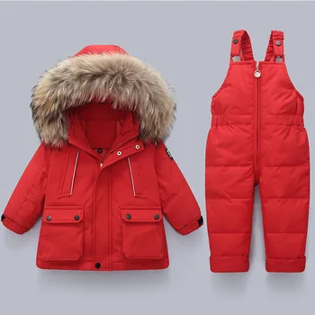 комплект одежды из 2 предметов, Модная детская зимняя куртка для девочек, пуховик для мальчиков с меховым капюшоном, комбинезон для малышей, зимние штаны для малышей TZ268